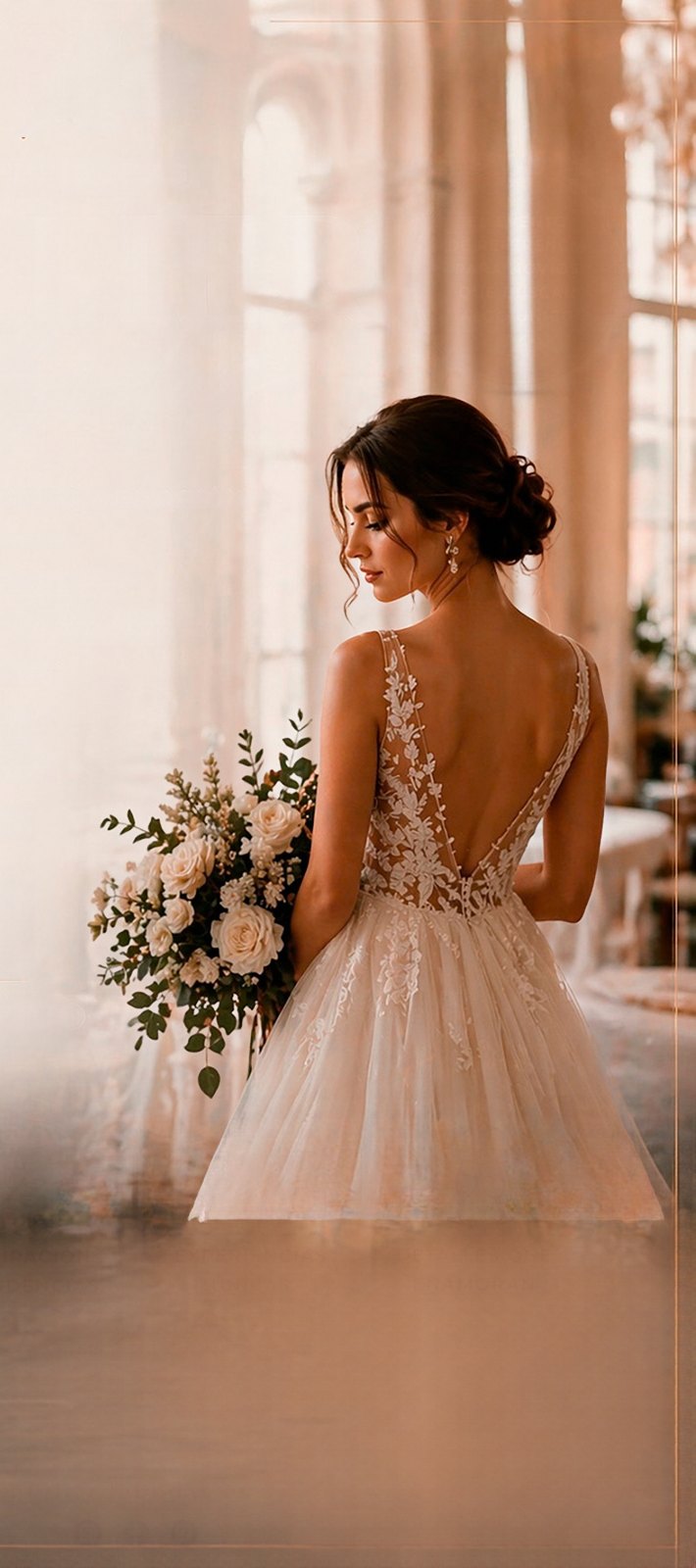 Novia de espaldas con vestido de encaje y un ramo de rosas blancas, en un salón con grandes ventanales